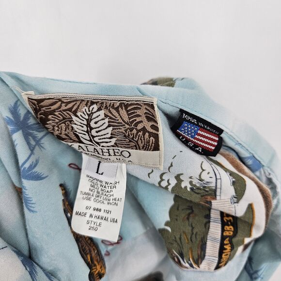 Vintage Kalaheo Shirt Mens Large Hawaiian Button Up USS‎ Oklahoma Ship USA - Picture 9 of 10
